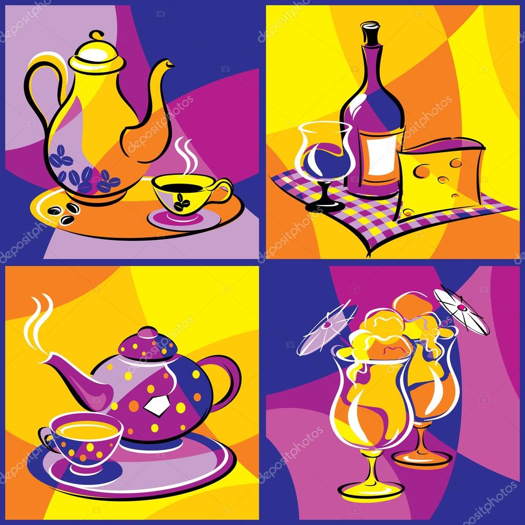 Bright collection of vector images of various drink and beverage