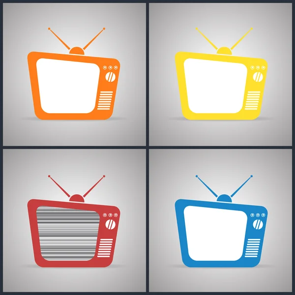 Старі телевізори з антенами. Жовтий, червоний, помаранчевий і синій кольори — стоковий вектор