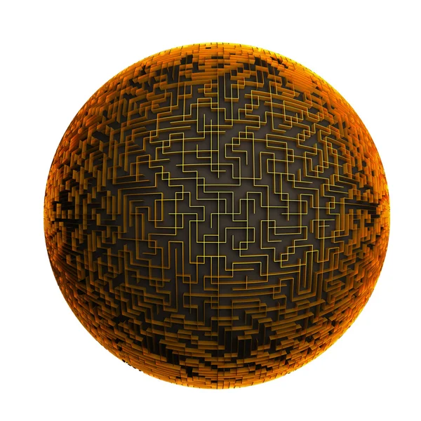 Goldener Labyrinthplanet, Irrgarten mit kugelförmiger 3D-Illustration, isoliert auf weißem Hintergrund — Stockfoto