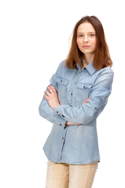 Red girl in jeans — Stock Photo, Image