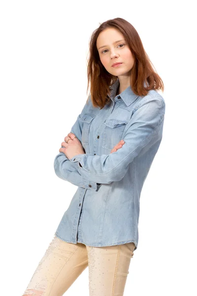 Rote Mädchen in Jeans — Stockfoto