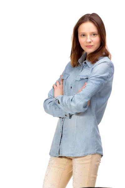 Rood meisje in jeans — Stockfoto