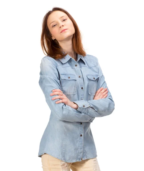 Red girl in jeans — Stock Photo, Image