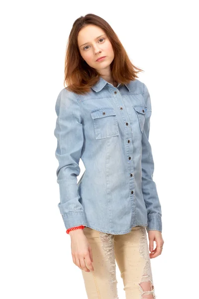 Rote Mädchen in Jeans — Stockfoto