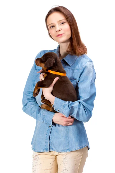 Red girl with puppy — Stock Photo, Image