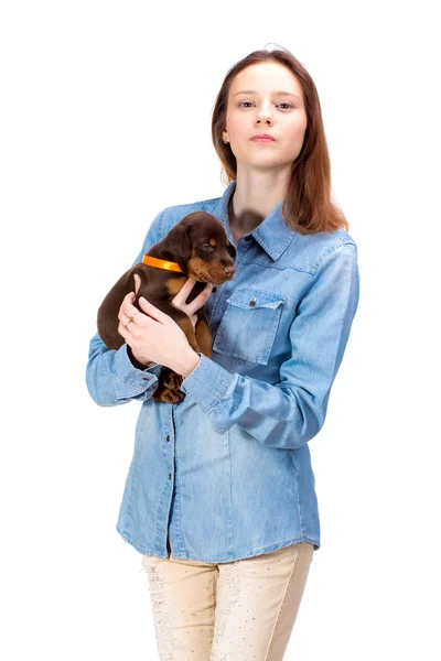 Red girl with puppy — Stock Photo, Image