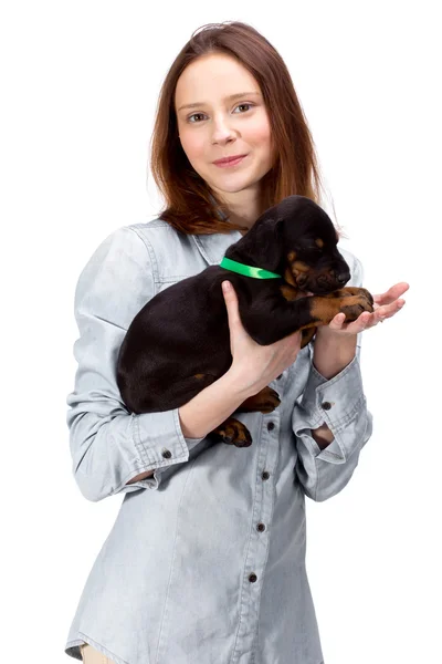 Beautiful woman holds red doberman dog puppy — Stock Photo, Image