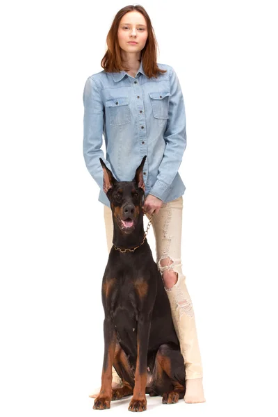 Красная девушка в джинсах с большой собакой — стоковое фото