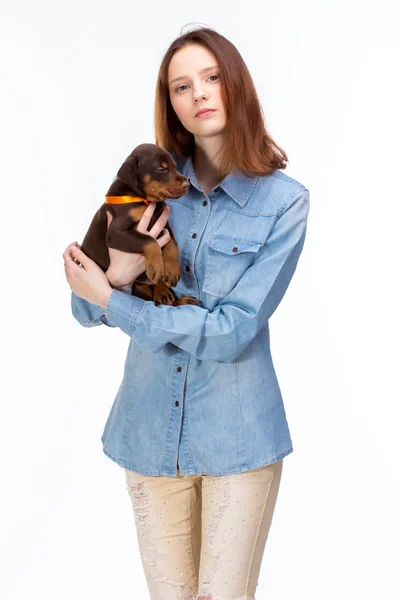 Menina vermelha com cachorro — Fotografia de Stock