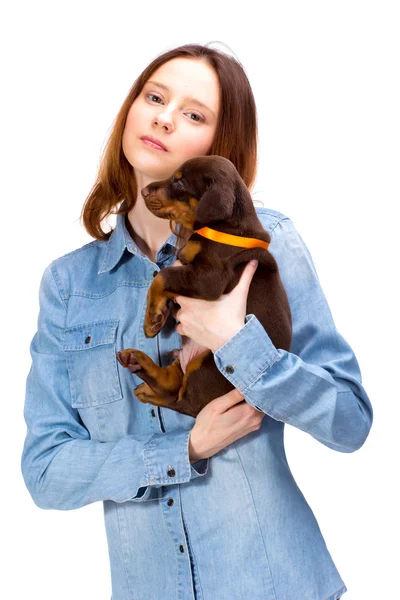 Chica roja con cachorro —  Fotos de Stock