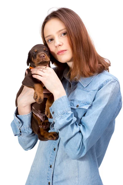 Red girl with puppy — Stock Photo, Image