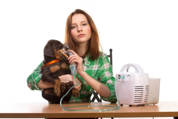 Veterinário e cachorro com inalador com inalador — Fotografia de Stock