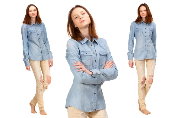 Red girl in jeans — Stock Photo, Image