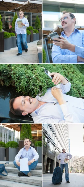 Hombre urbano usando el teléfono inteligente fuera utilizando la aplicación en 4g de desarrollo inalámbrico — Foto de Stock