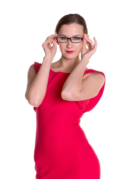 Lady in red with glasses — Stock Photo, Image