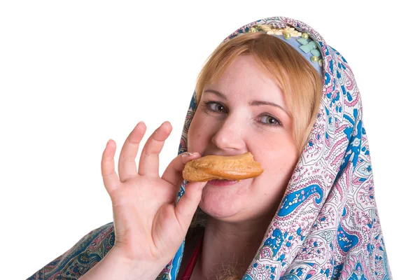 Pretty Plus tamaño Mujer en ruso bufanda nacional con una pila de —  Fotos de Stock