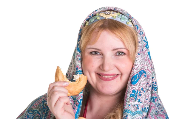 Pretty Plus size Woman in russian national scarf with a pile of — Stock Photo, Image