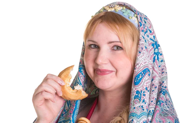 Pretty Plus size Woman in russian national scarf with a pile of — Stock Photo, Image