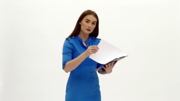 Air hostess in blue dress with tablet — Stock Video