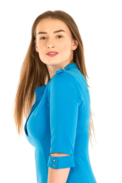 Anfitriã de ar em uniforme azul . — Fotografia de Stock