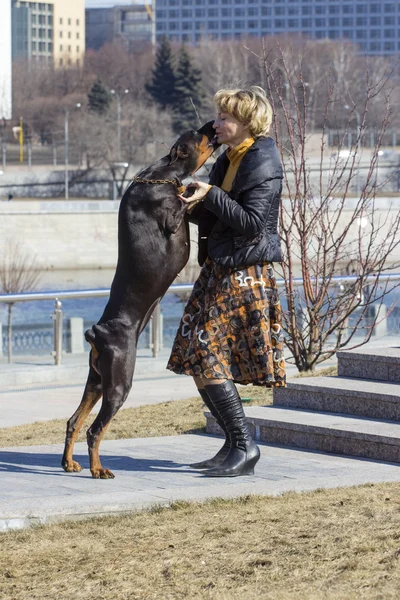 Ganska vuxen kvinna med hund utomhus — Stockfoto