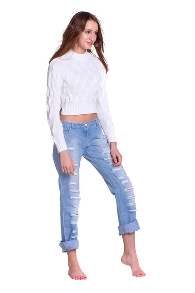 Hübsche Frau in blauen Jeans — Stockfoto