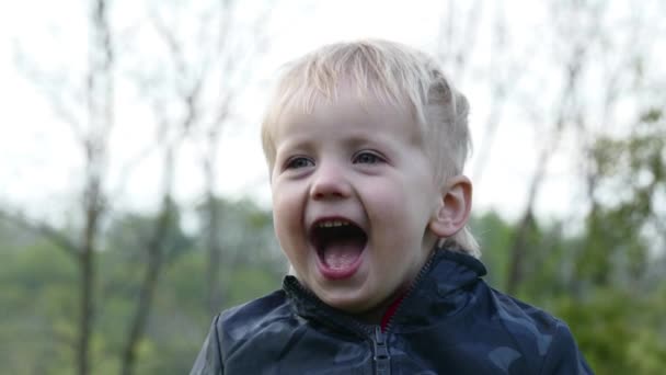 Gros plan portrait d'un petit garçon heureux drôle riant à l'extérieur — Video