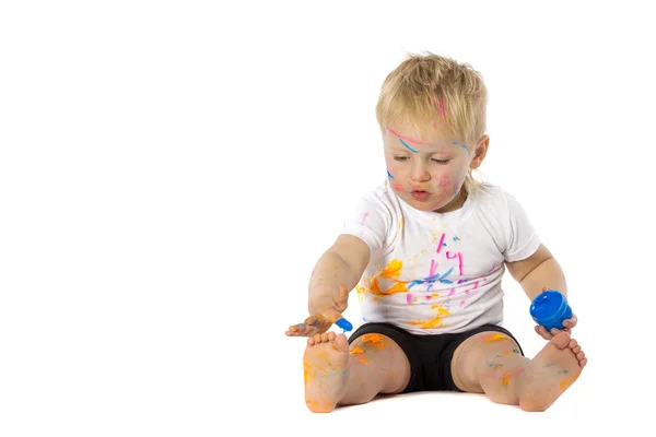 Blond kid paint plays — Stock Photo, Image