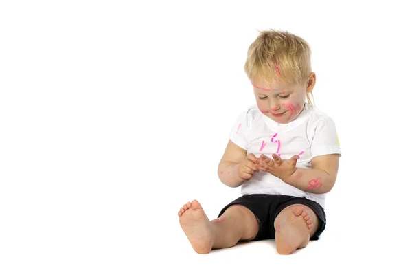 Blond kid paint plays — Stock Photo, Image