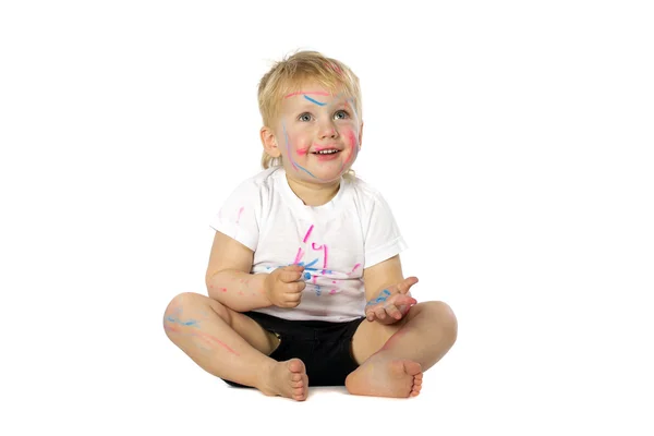 Blond kid paint plays — Stock Photo, Image