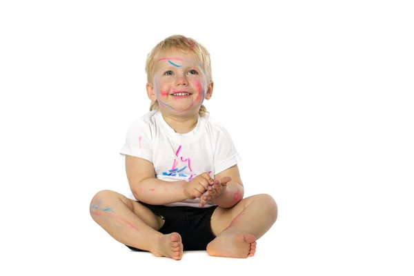 Blond kid paint plays — Stock Photo, Image