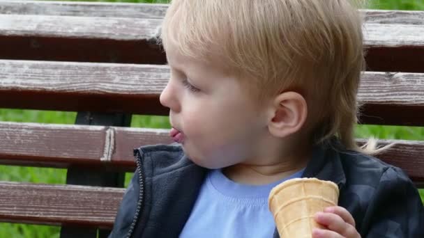 Happy kid boy eating ice cream outdoors, close up view — Stock Video