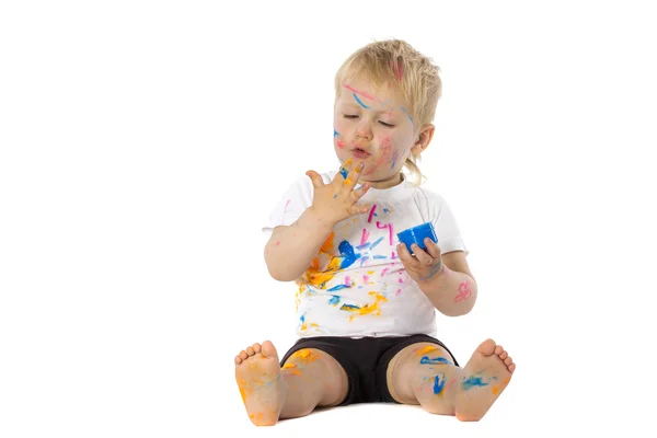 Loira criança pintura joga — Fotografia de Stock