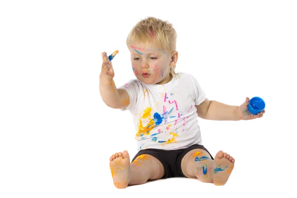 Blond kid paint plays — Stock Photo, Image