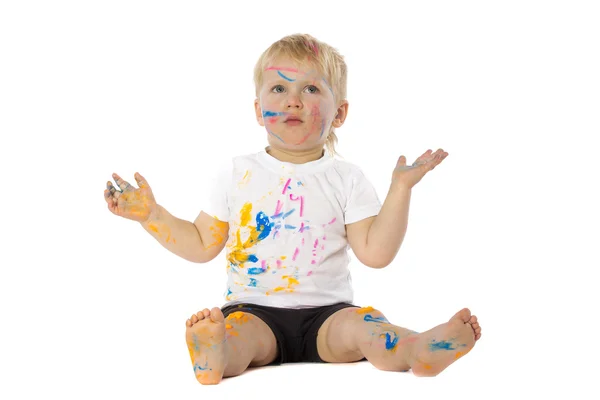 Loira criança pintura joga — Fotografia de Stock