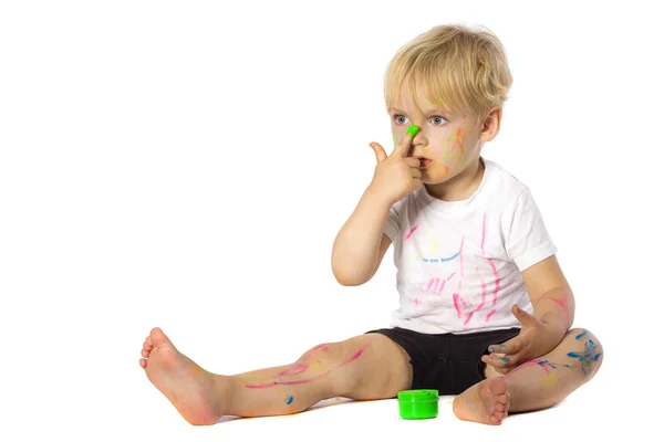 Blond kid paint plays — Stock Photo, Image