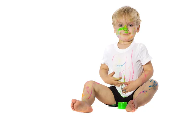 Blond kid paint plays — Stock Photo, Image