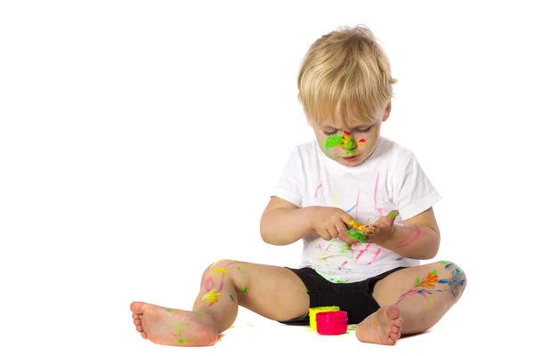 Blond kid paint plays — Stock Photo, Image