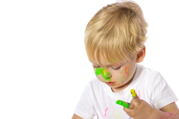 Blond kid paint plays — Stock Photo, Image