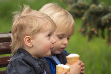 Mutlu İkizler bir dondurma yemek
