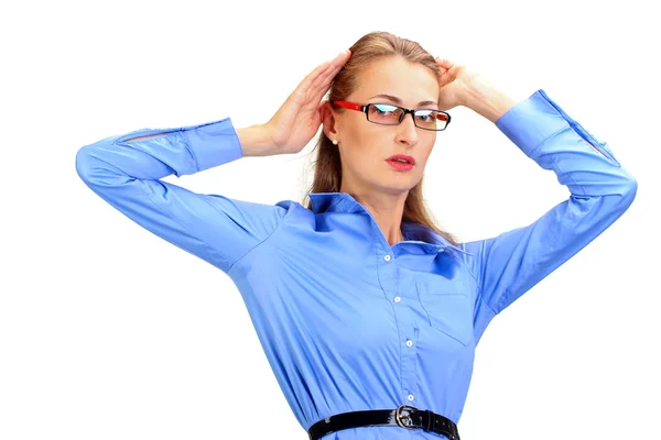 Mature business woman holding head in hands — Stock Photo, Image