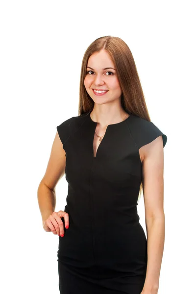 Portret van een prachtige jonge vrouw poseren in kleine zwarte jurk — Stockfoto