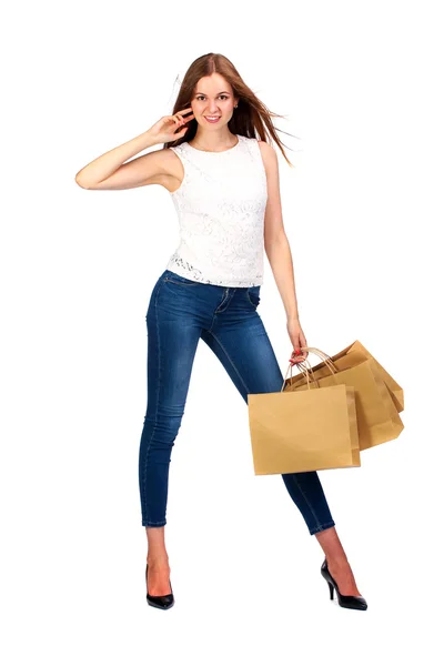Gambar wanita cantik dengan tas belanja biodegradable . — Stok Foto
