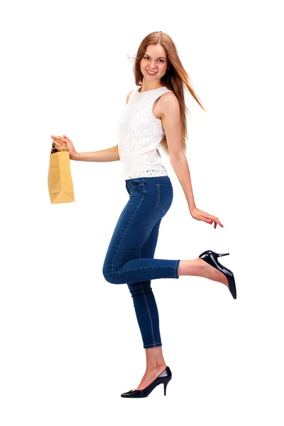 Imagen de mujer encantadora con bolsa de compras biodegradable . —  Fotos de Stock