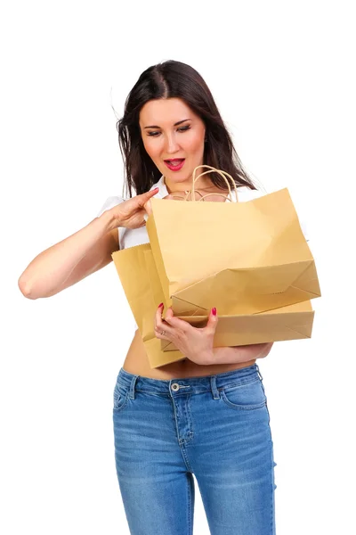 Picture of lovely woman with biodegradable shopping bag. — Stock Photo, Image