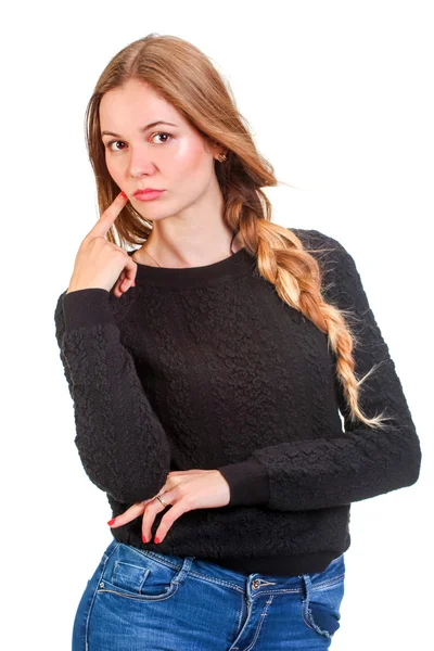 Glückliche Frau im schwarzen Pullover, isoliert auf weißem Grund — Stockfoto