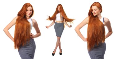 Sağlıklı uzun kızıl saçlı. Güzel genç bir beyaz izole kadın