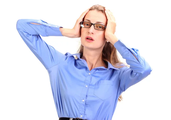 Hemska huvudvärk. Mogna affärskvinna hålla huvud i händerna — Stockfoto