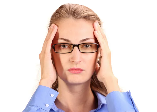 Dolor de cabeza terrible. Madura mujer de negocios sosteniendo la cabeza en las manos — Foto de Stock