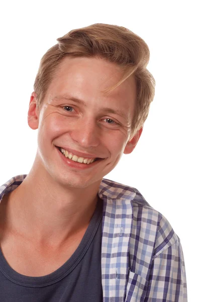 Young happy looking up man close up portrait. — Stock Photo, Image